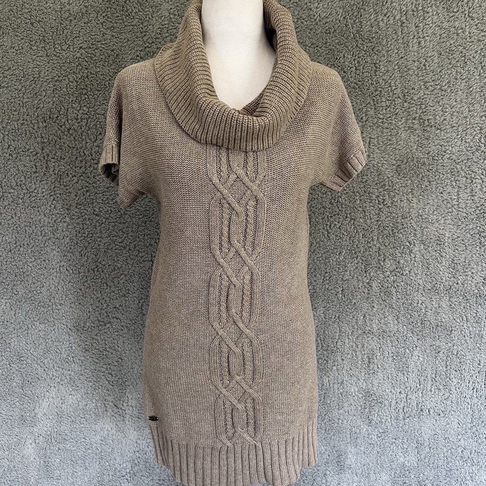 Athleta Cowl Neck Sweater 95% Cotton Cable Knit Taupe Tunic Womens Small